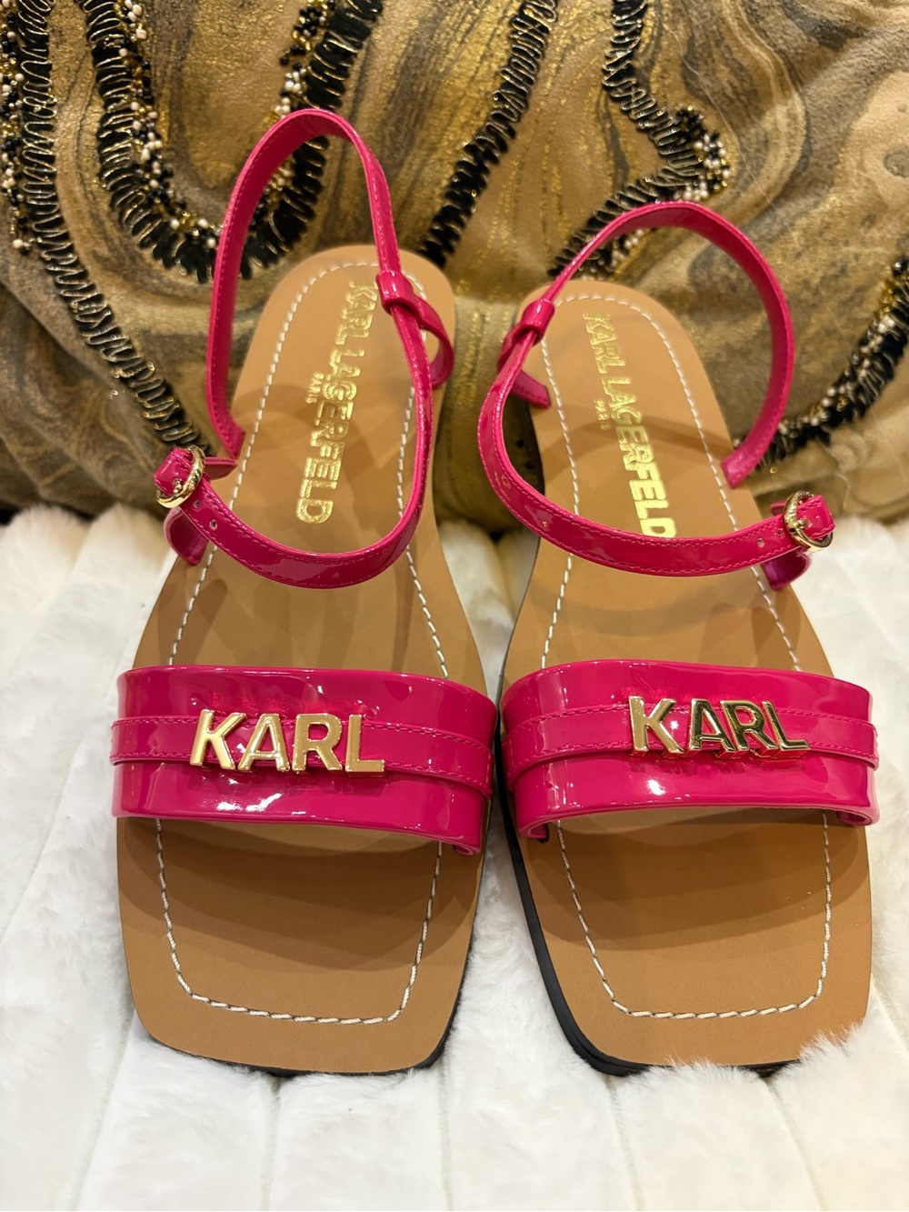 Karl Lagerfeld Hot Pink Patent Logo Strap Slingback Sandals